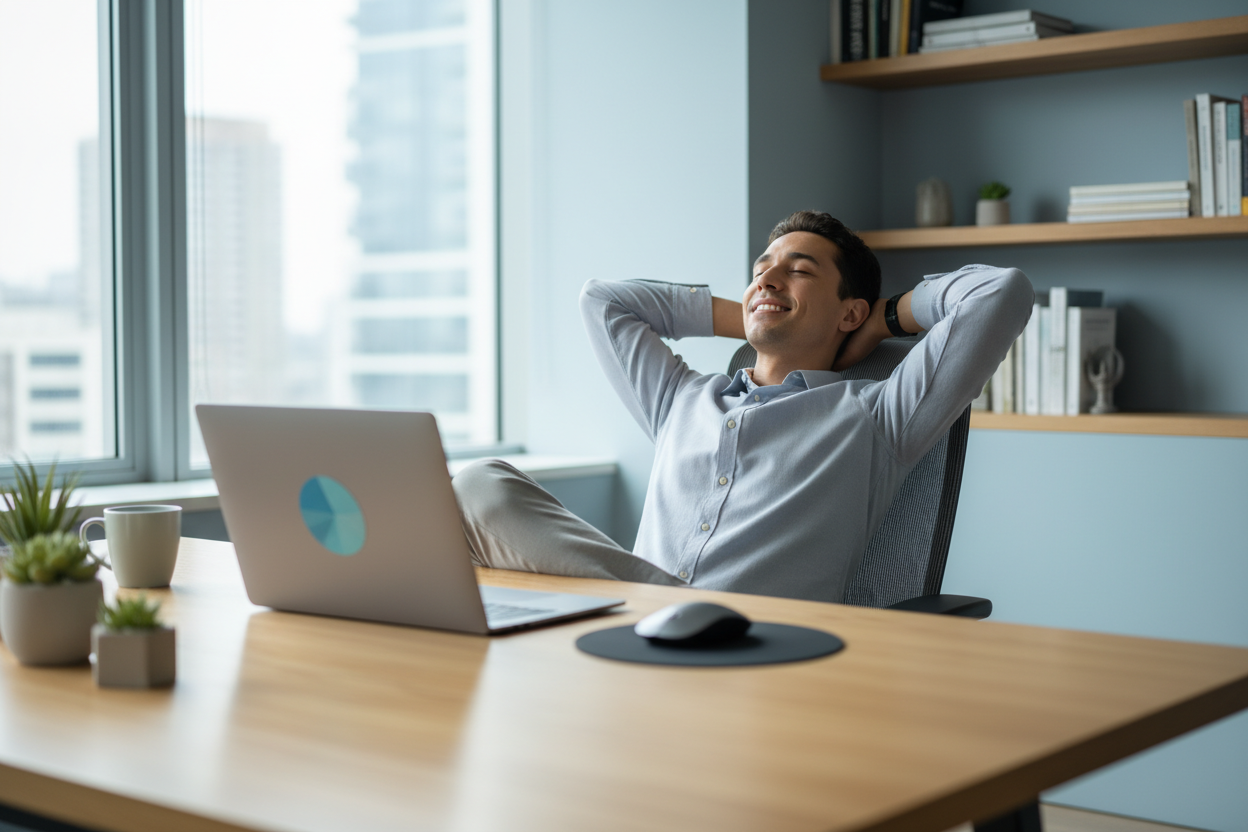 relaxed person with his arms folded behind his head and with the laptop on the table with a mouse next to it
